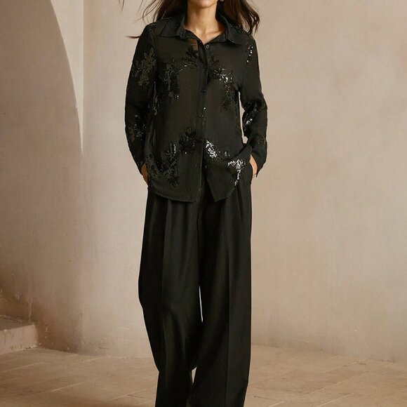 Black Elegant Women's French Rose Beaded Embroidery Semi-Sheer Blouse - Picture 3 of 7